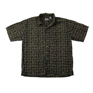 Perry Ellis America Shirt Men Large Black Tan Leaf Print Short‎ Sleeve Button Up